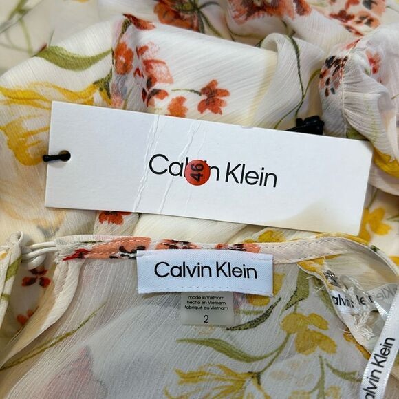 NEW Calvin Klein women’s puff sleeve v-neck floral ruffle overlap dress size 2 - Picture 11 of 14